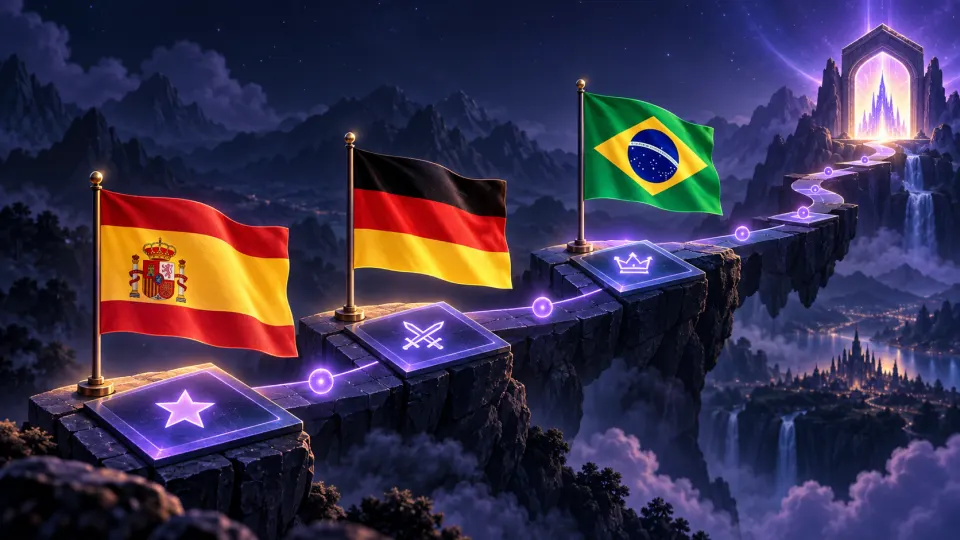 Flags of Spain, Germany and Brazil beside a glowing game progress path