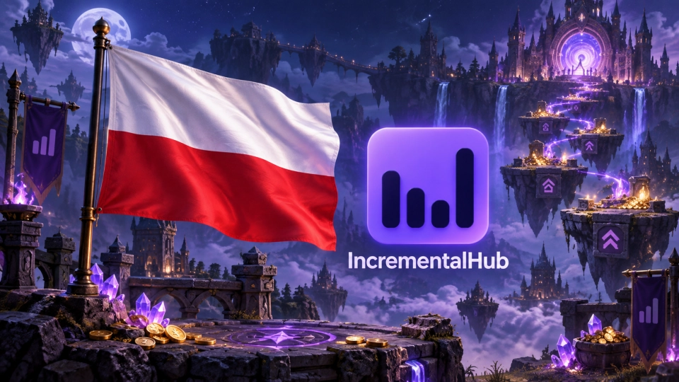 Bandera polaca y logotipo de IncrementalHub sobre un mundo de fantasía con caminos luminosos de mejoras
